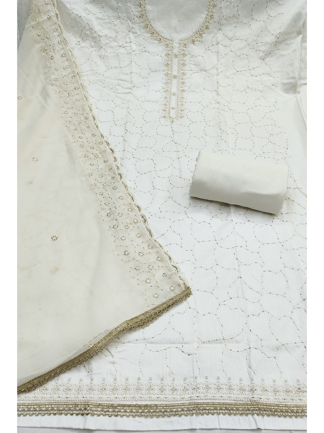 Peachmode Off White Jam Cotton Dress Material with Embroidered Dupatta - Image 3