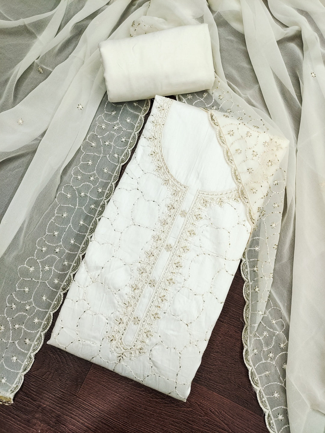 Peachmode Off White Jam Cotton Dress Material with Embroidered Dupatta - Image 1
