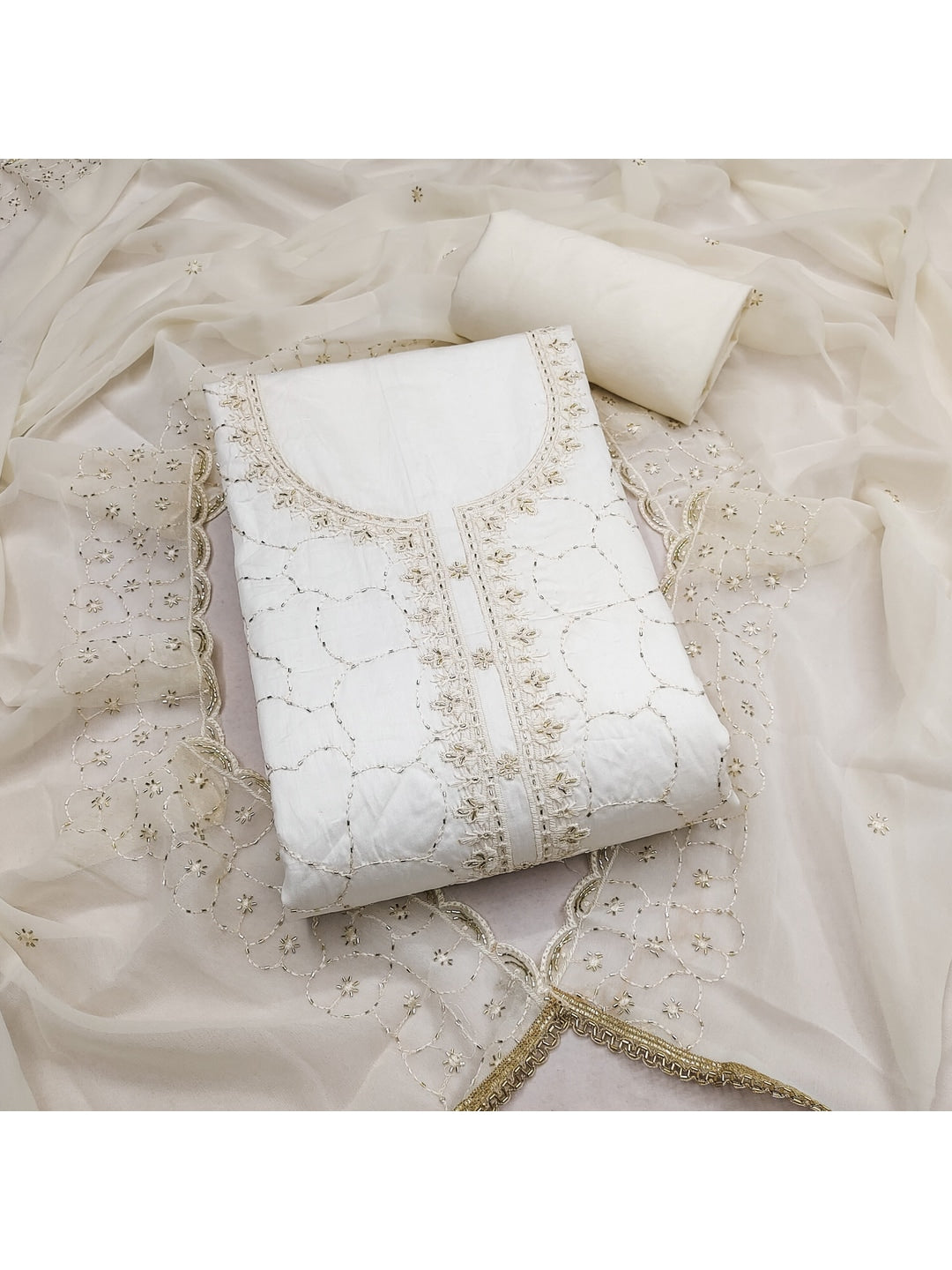 Peachmode Off White Jam Cotton Dress Material with Embroidered Dupatta - Image 5