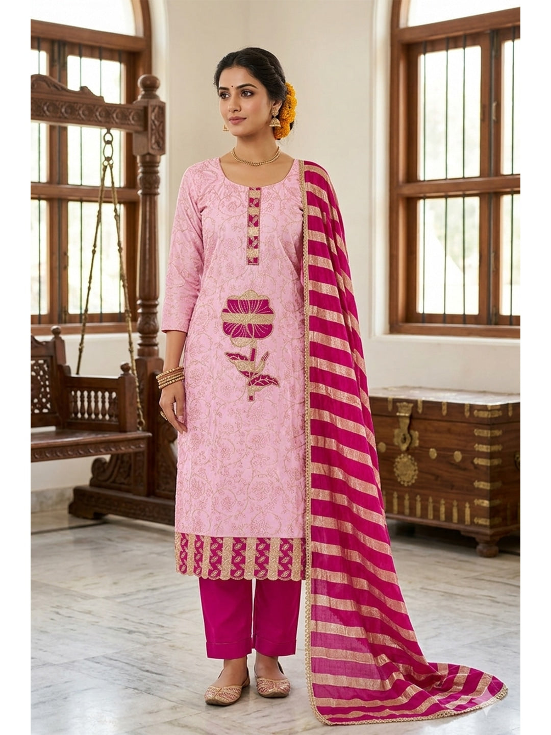 Peachmode Pink Jam Cotton Dress Material with Embroidered Dupatta - Image 2