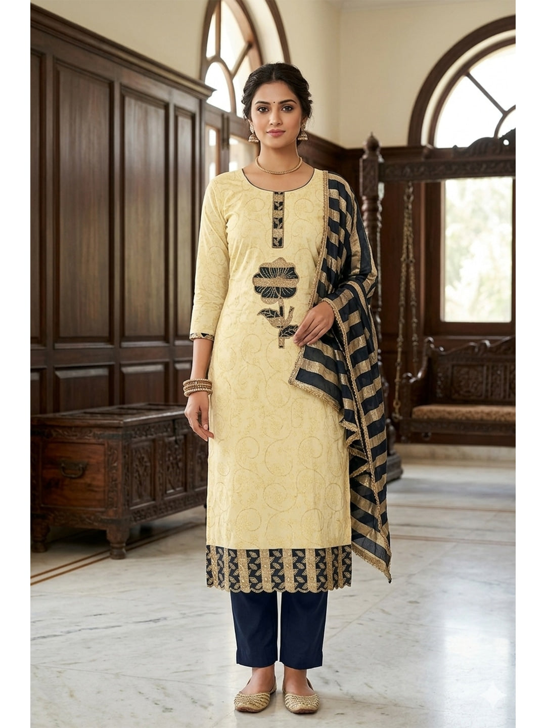 Peachmode Yellow Jam Cotton Dress Material with Embroidered Dupatta - Image 2