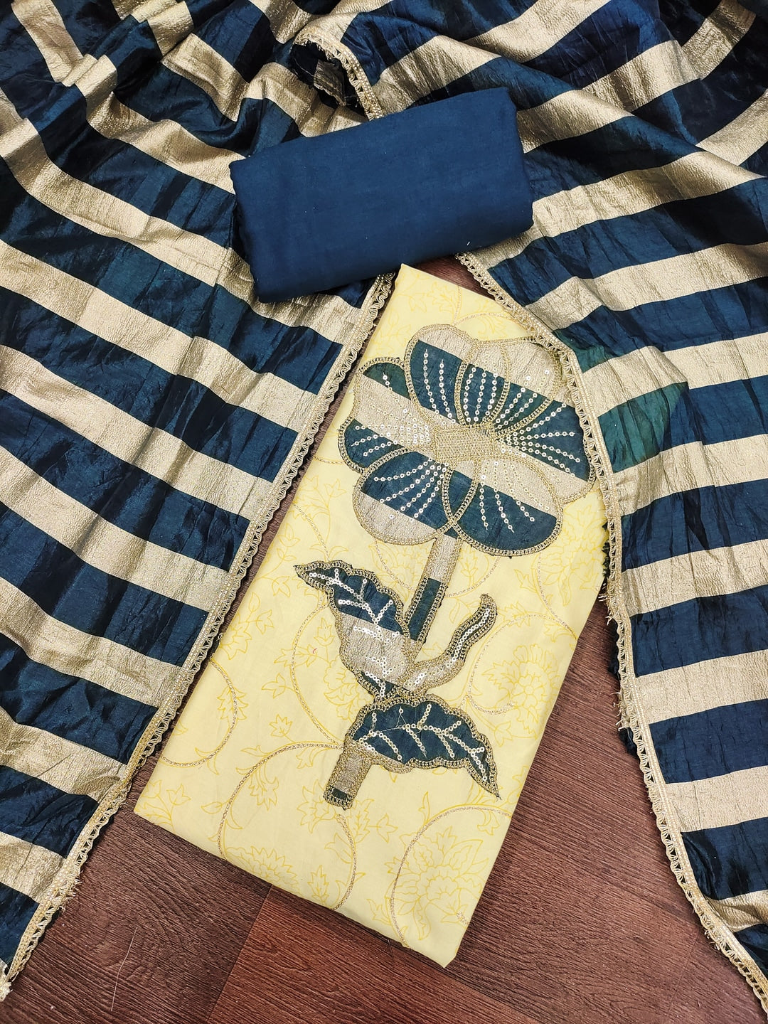 Peachmode Yellow Jam Cotton Dress Material with Embroidered Dupatta - Image 1