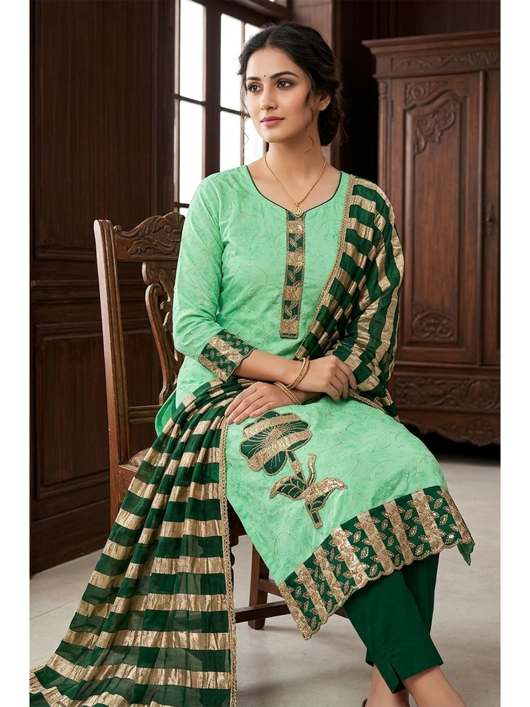 Peachmode Green Jam Cotton Dress Material with Embroidered Dupatta - Image 2