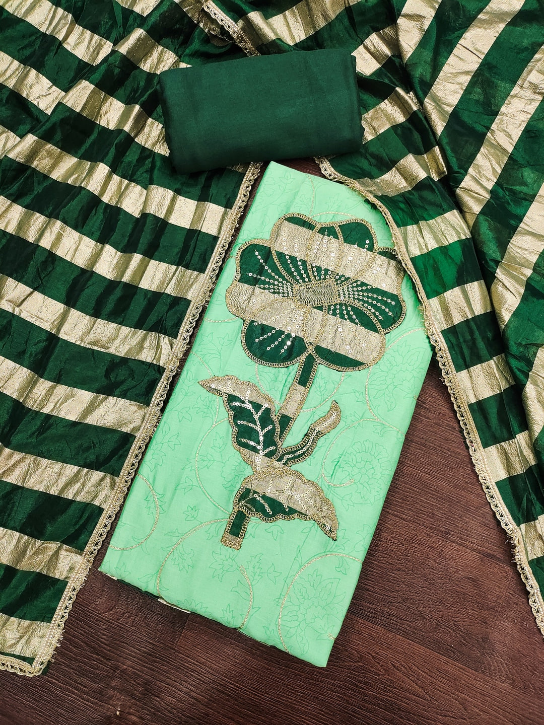 Peachmode Green Jam Cotton Dress Material with Embroidered Dupatta - Image 1