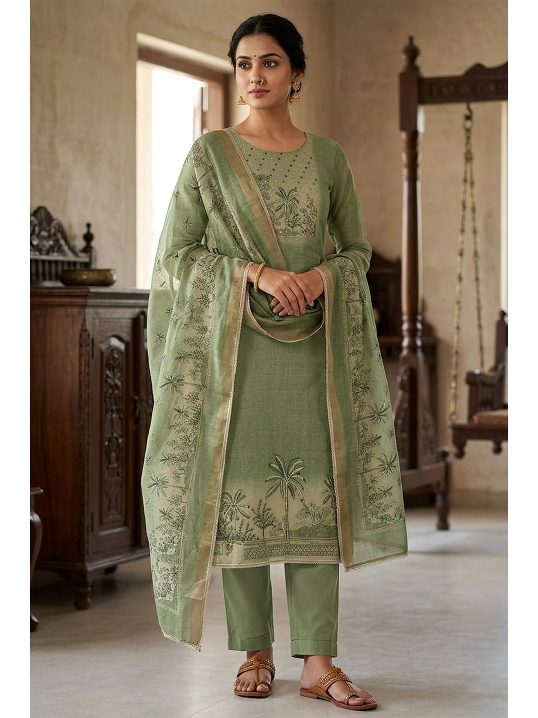 Peachmode Green Pure Cotton Lilian Dress Material with Embroidered Dupatta - Image 2