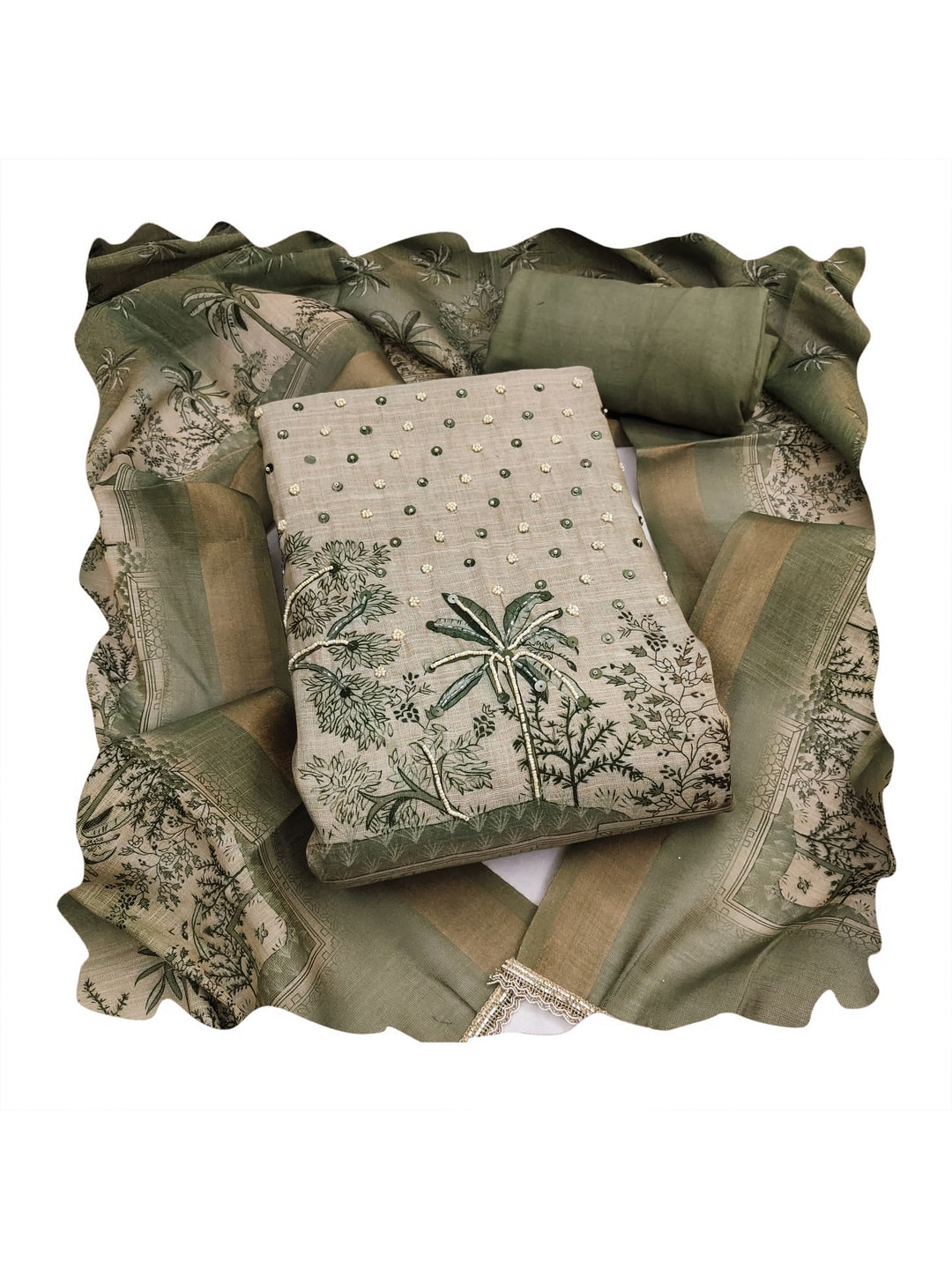 Peachmode Green Pure Cotton Lilian Dress Material with Embroidered Dupatta - Image 3