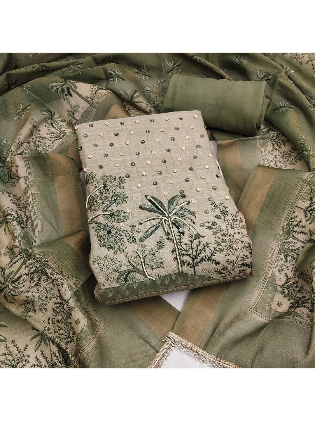 Peachmode Green Pure Cotton Lilian Dress Material with Embroidered Dupatta - Image 1