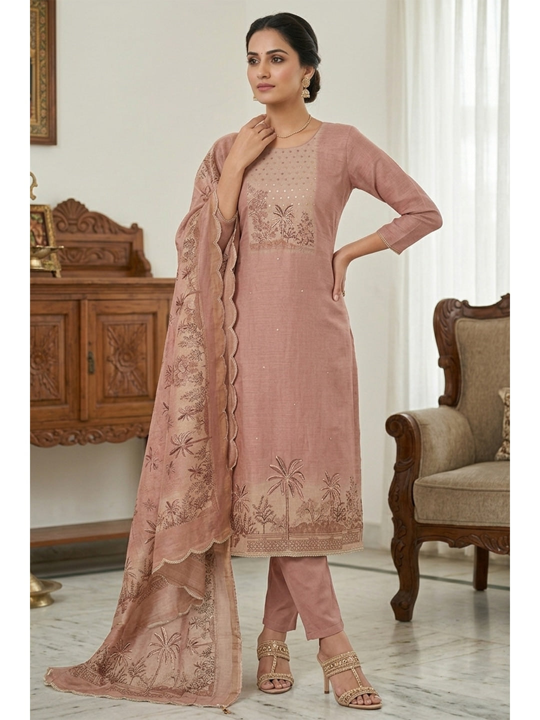 Peachmode Peach Pure Cotton Lilian Dress Material with Embroidered Dupatta - Image 1