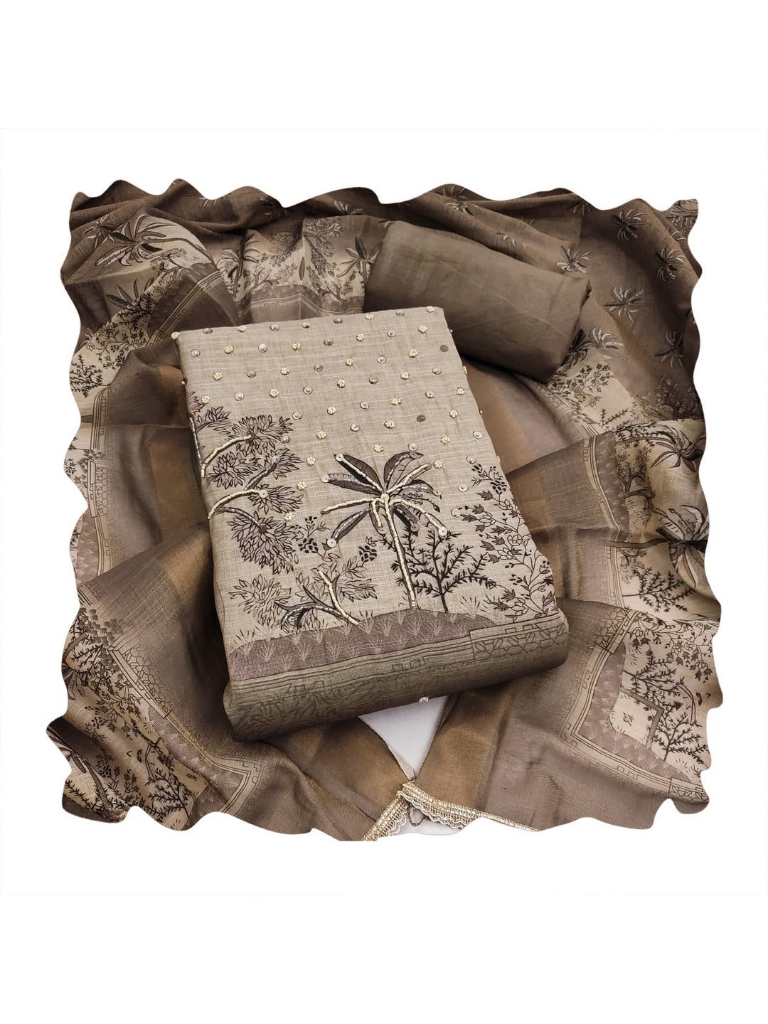 Peachmode Khaki Pure Cotton Lilian Dress Material with Embroidered Dupatta - Image 2