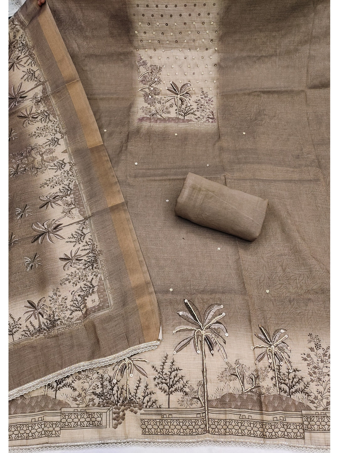 Peachmode Khaki Pure Cotton Lilian Dress Material with Embroidered Dupatta - Image 3