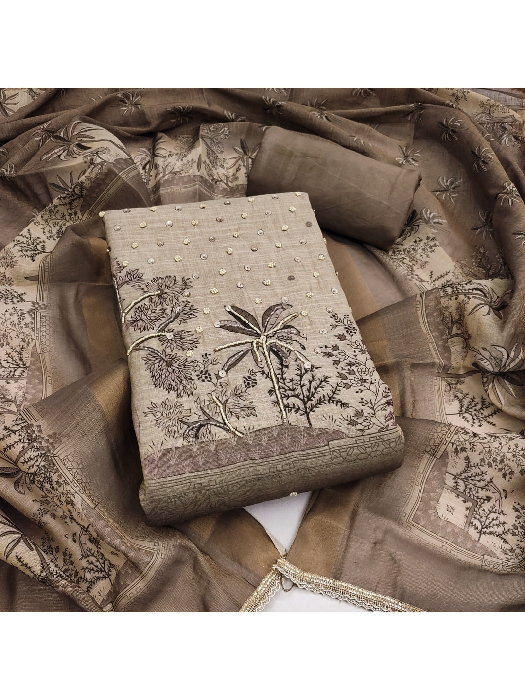 Peachmode Khaki Pure Cotton Lilian Dress Material with Embroidered Dupatta - Image 4