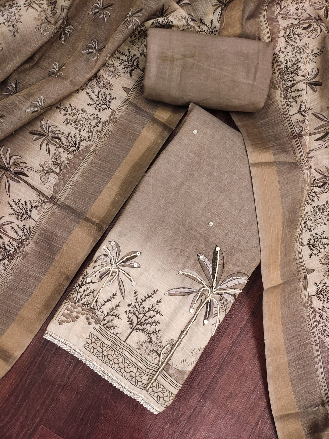 Peachmode Khaki Pure Cotton Lilian Dress Material with Embroidered Dupatta - Image 5
