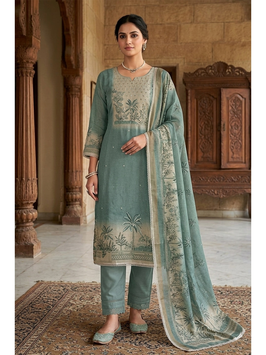 Peachmode Sea Green Pure Cotton Lilian Dress Material with Embroidered Dupatta - Image 2