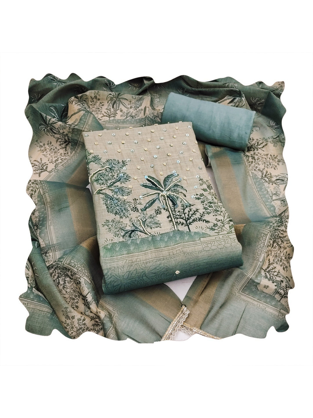 Peachmode Sea Green Pure Cotton Lilian Dress Material with Embroidered Dupatta - Image 3