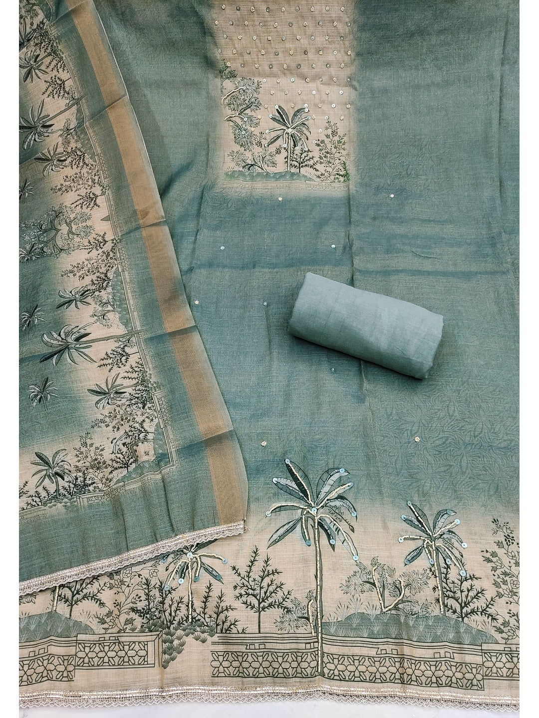 Peachmode Sea Green Pure Cotton Lilian Dress Material with Embroidered Dupatta - Image 4