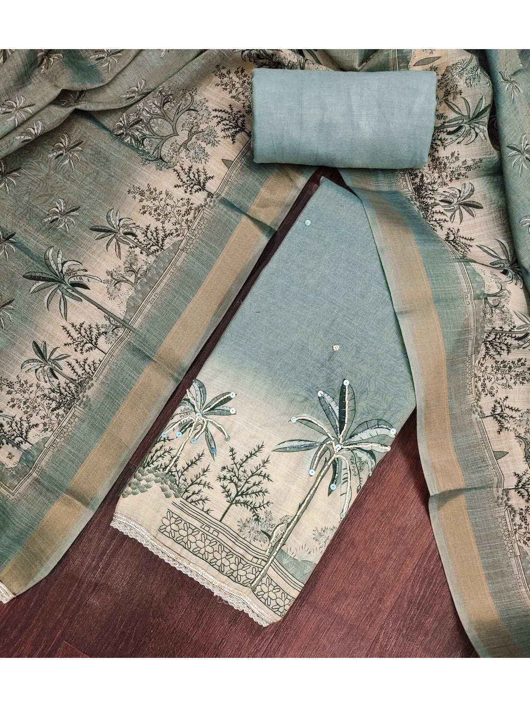 Peachmode Sea Green Pure Cotton Lilian Dress Material with Embroidered Dupatta - Image 5
