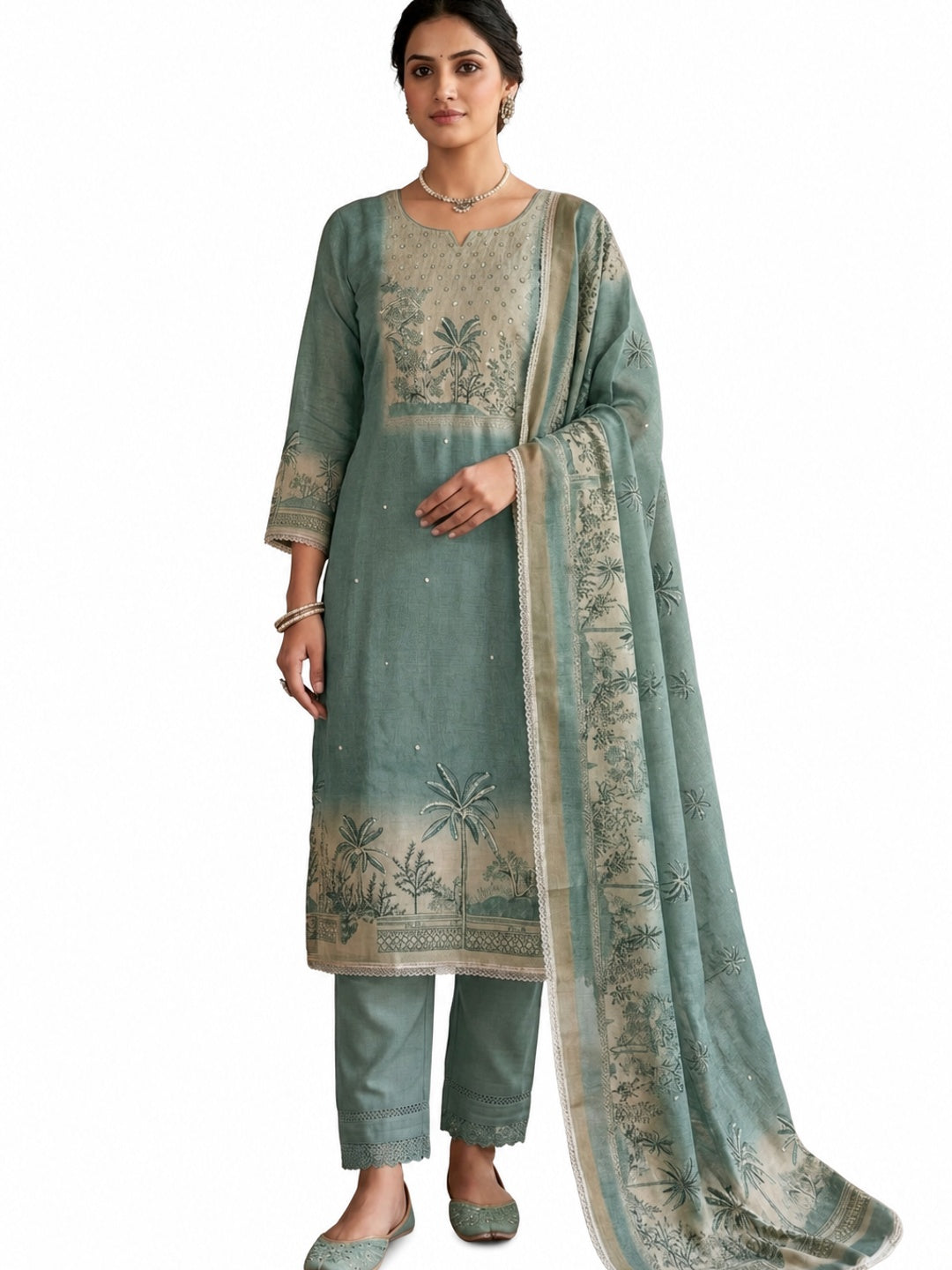 Peachmode Sea Green Pure Cotton Lilian Dress Material with Embroidered Dupatta - Image 7