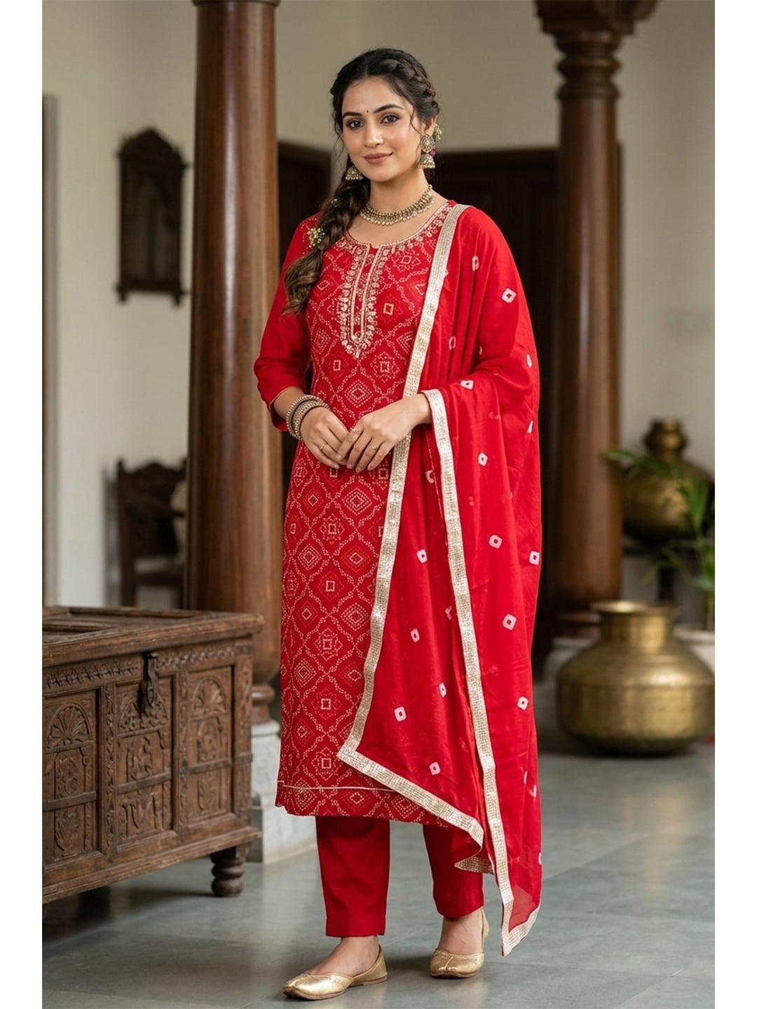 Peachmode Red Jam Cotton Dress Material with Embroidered Dupatta - Image 2