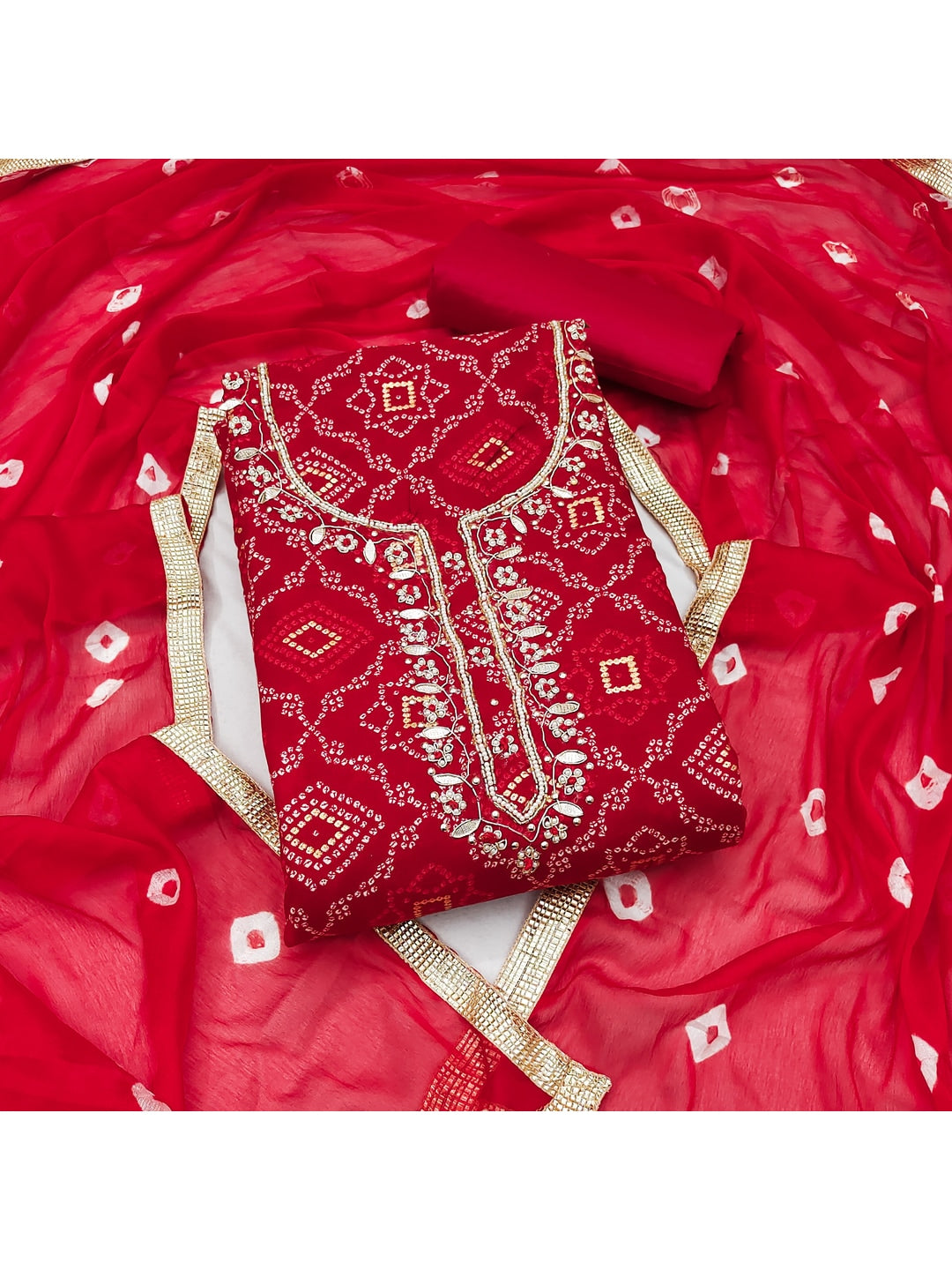 Peachmode Red Jam Cotton Dress Material with Embroidered Dupatta - Image 1