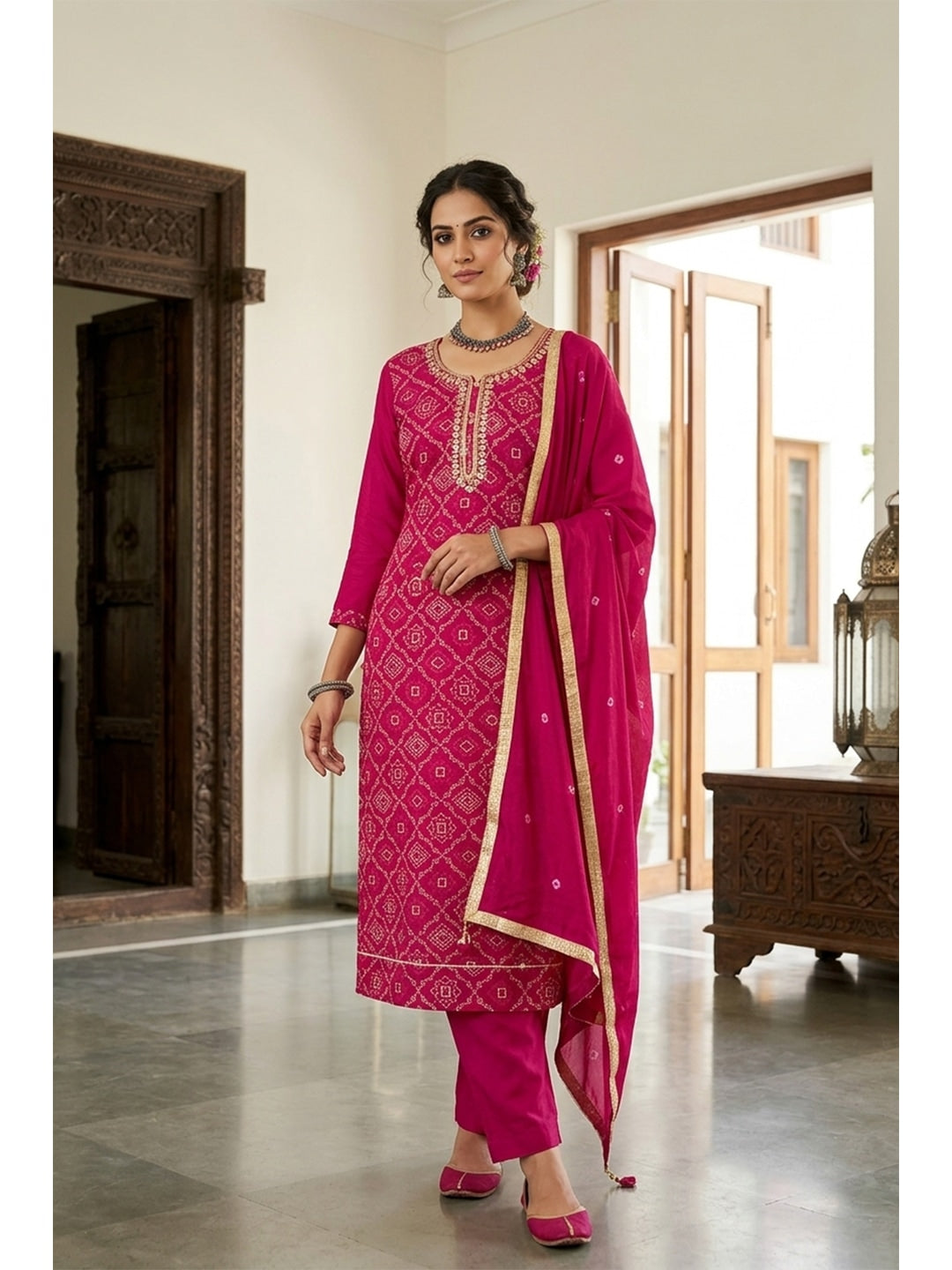Peachmode Pink Jam Cotton Dress Material with Embroidered Dupatta - Image 2