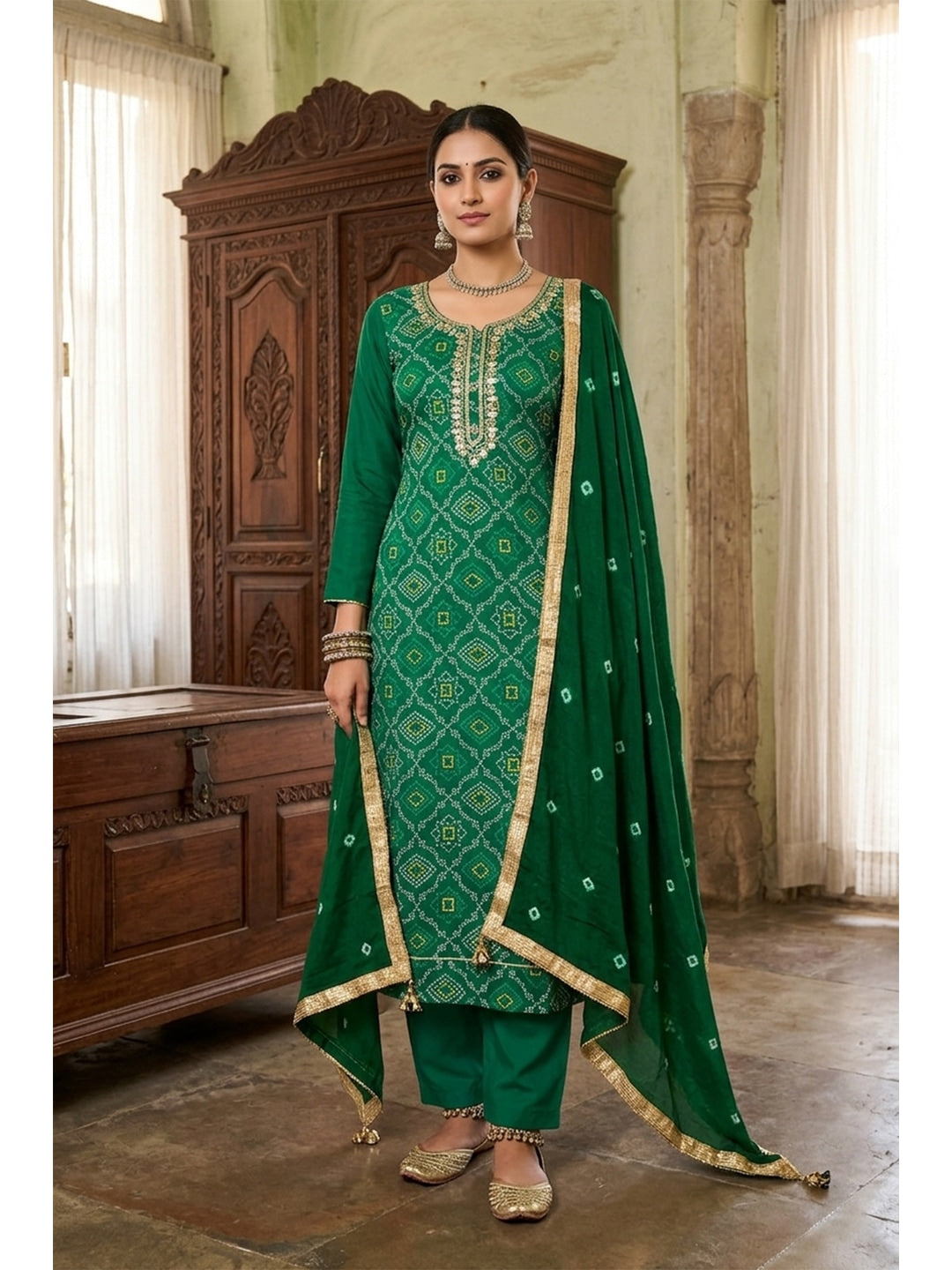 Peachmode Green Jam Cotton Dress Material with Embroidered Dupatta - Image 2
