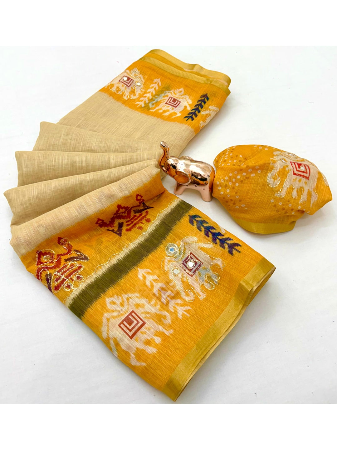 Peachmode Yellow Linen Saree with Digital Print and Zari Work - Image 3