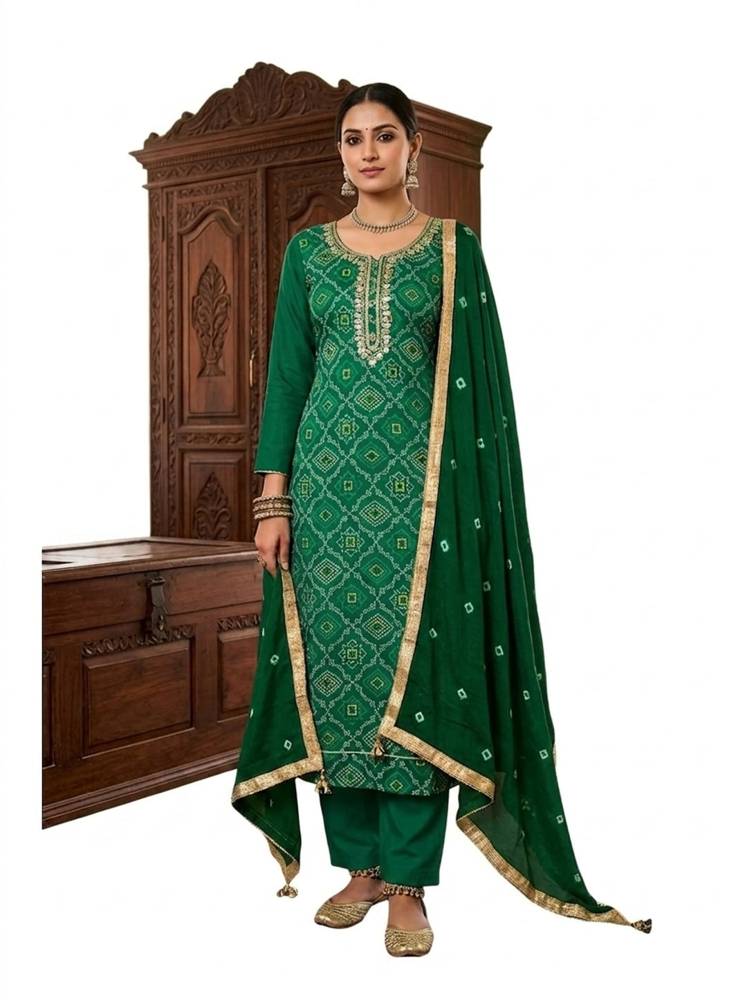 Peachmode Green Jam Cotton Dress Material with Embroidered Dupatta - Image 7