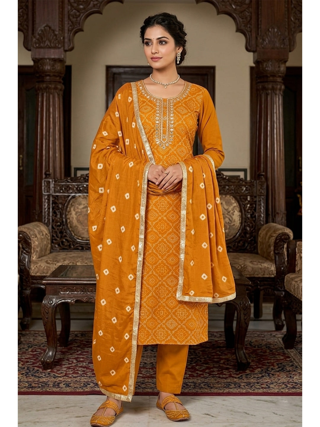 Peachmode Mustard Jam Cotton Dress Material with Embroidered Dupatta - Image 2