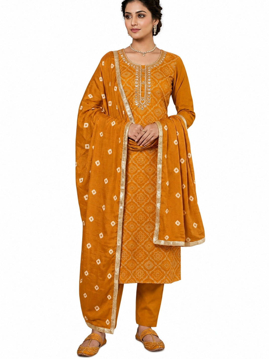 Peachmode Mustard Jam Cotton Dress Material with Embroidered Dupatta - Image 7
