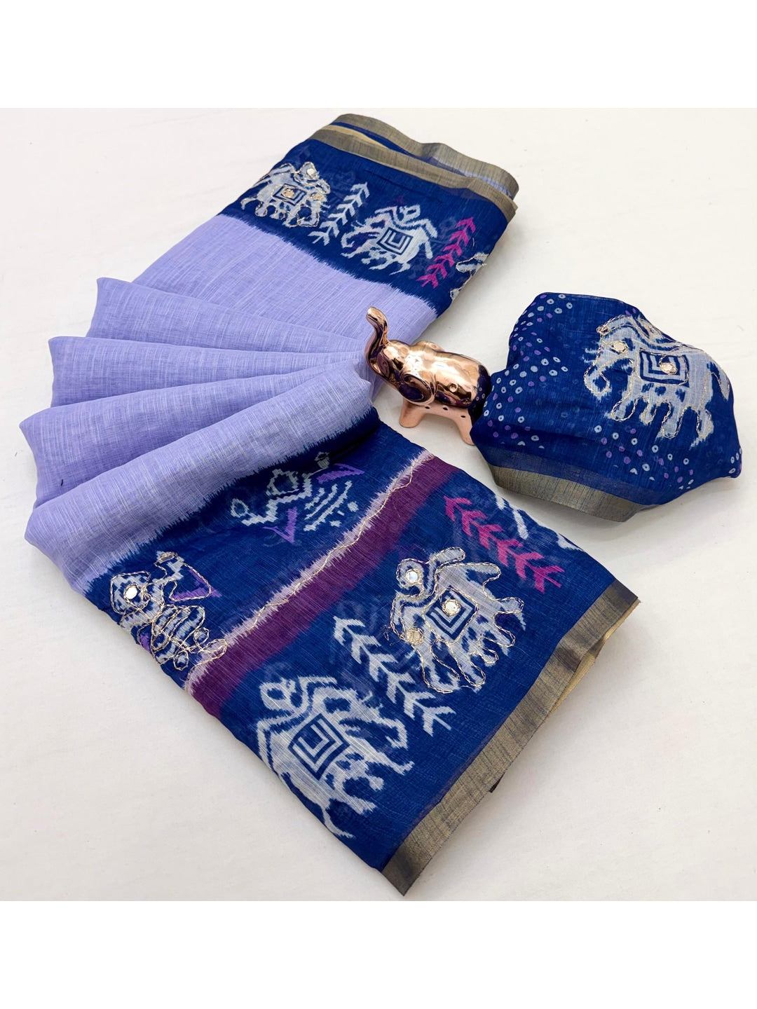 Peachmode Lavender Linen Saree with Digital Print and Zari Work - Image 2