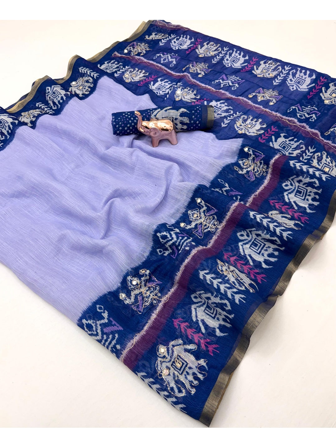 Peachmode Lavender Linen Saree with Digital Print and Zari Work - Image 3