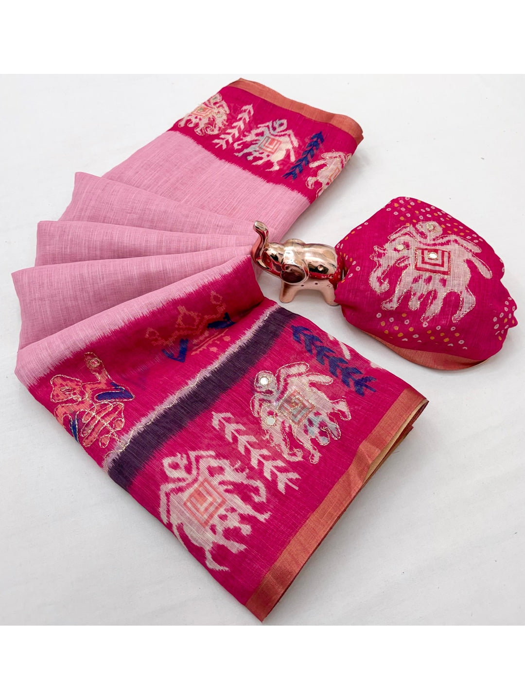 Peachmode Pink Linen Saree with Digital Print and Zari Work - Image 2