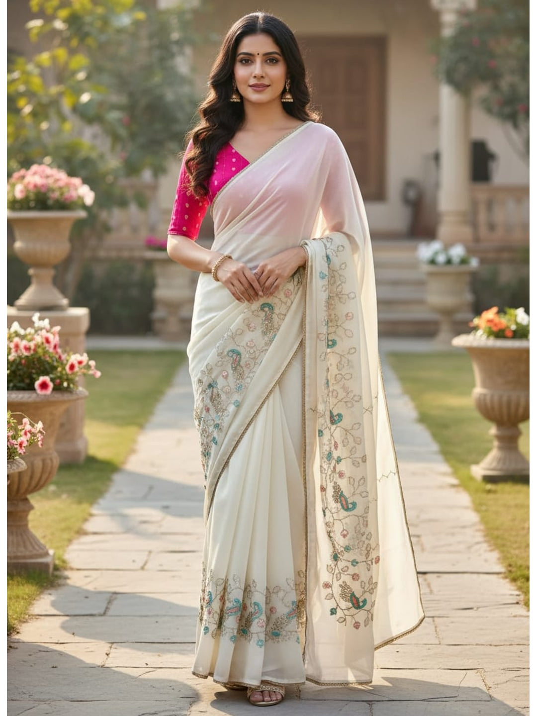 Peachmode White Georgette Saree with Peacock Handwork - Image 1