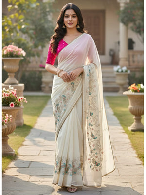 Peachmode White Georgette Saree with Peacock Handwork - Image 1