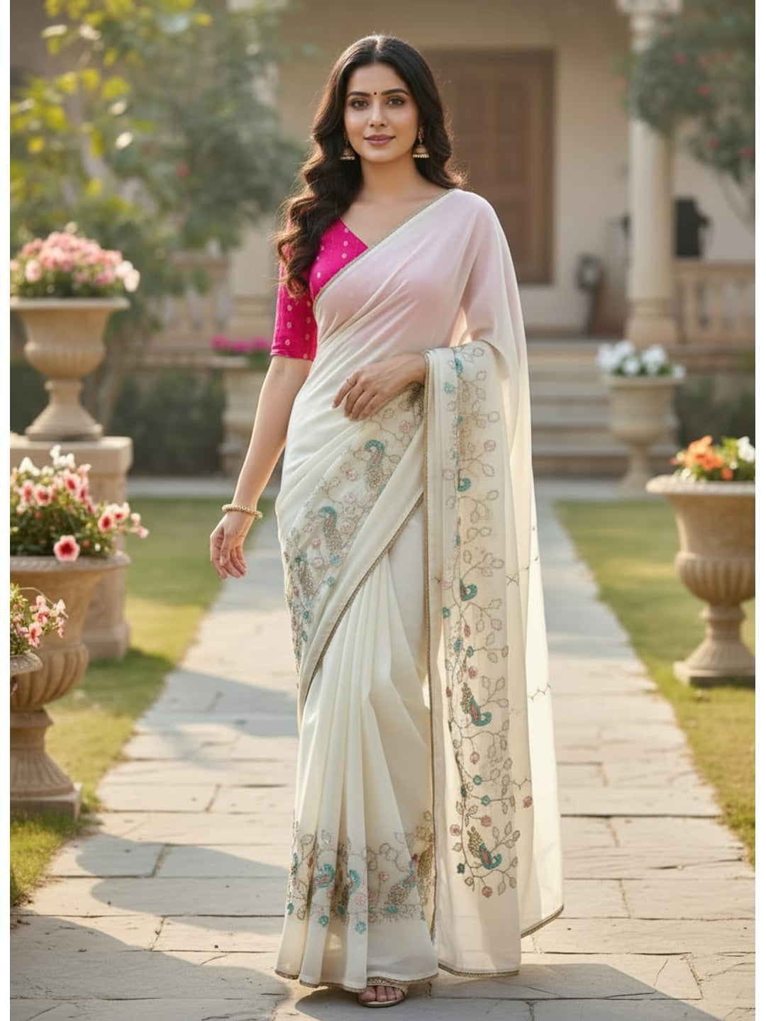 Peachmode White Georgette Saree with Peacock Handwork - Image 2