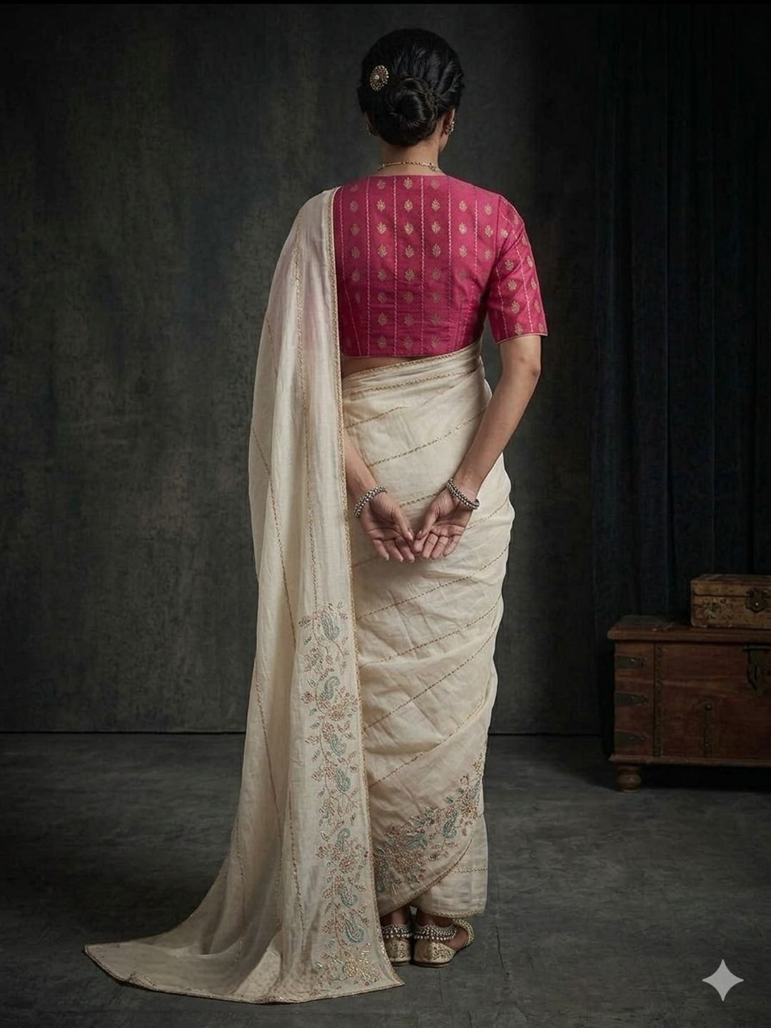 Peachmode White Georgette Saree with Peacock Handwork - Image 3