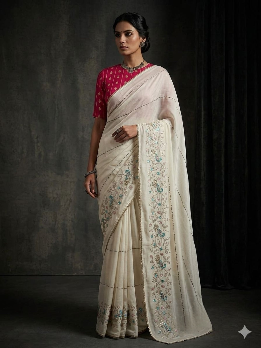 Peachmode White Georgette Saree with Peacock Handwork - Image 4