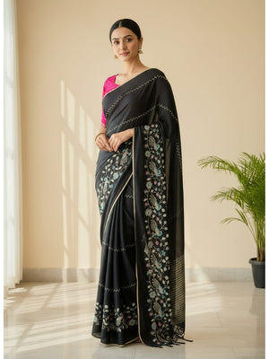 Peachmode Black Georgette Saree with Peacock Handwork - Image 1