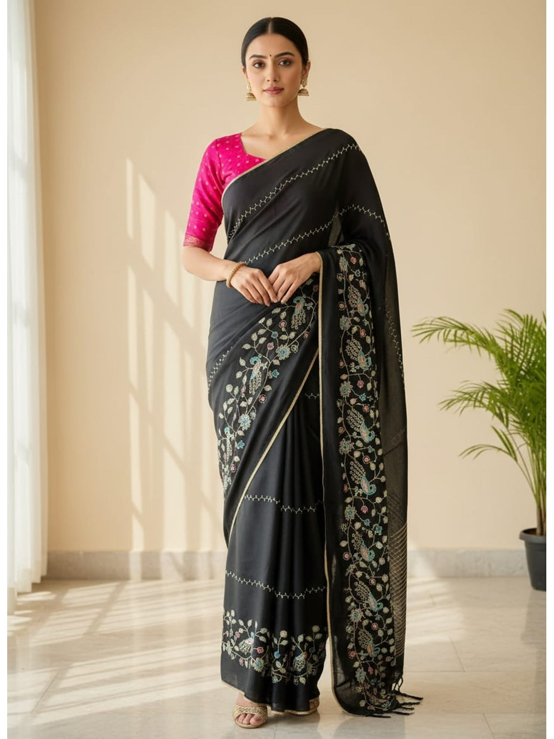 Peachmode Black Georgette Saree with Peacock Handwork - Image 2