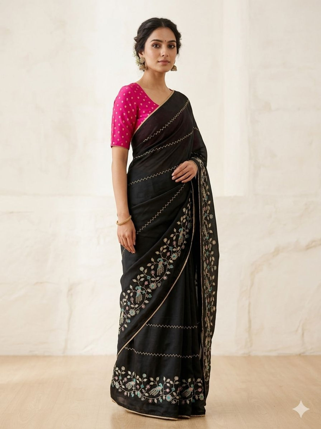 Peachmode Black Georgette Saree with Peacock Handwork - Image 3