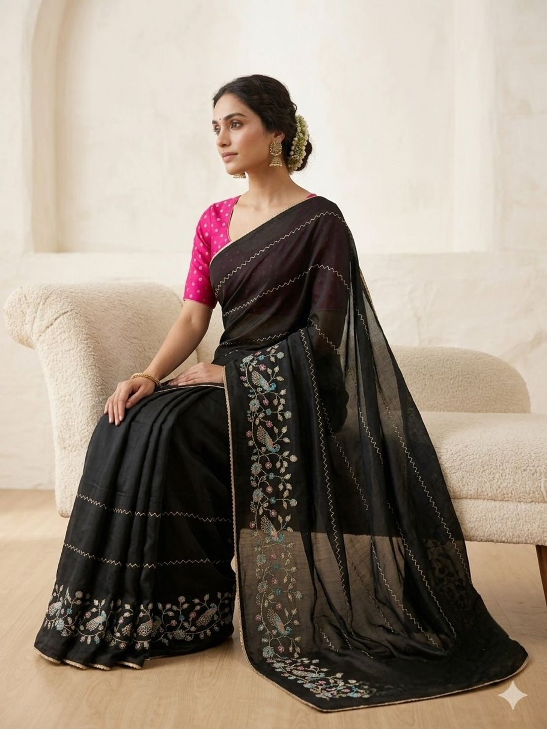 Peachmode Black Georgette Saree with Peacock Handwork - Image 4