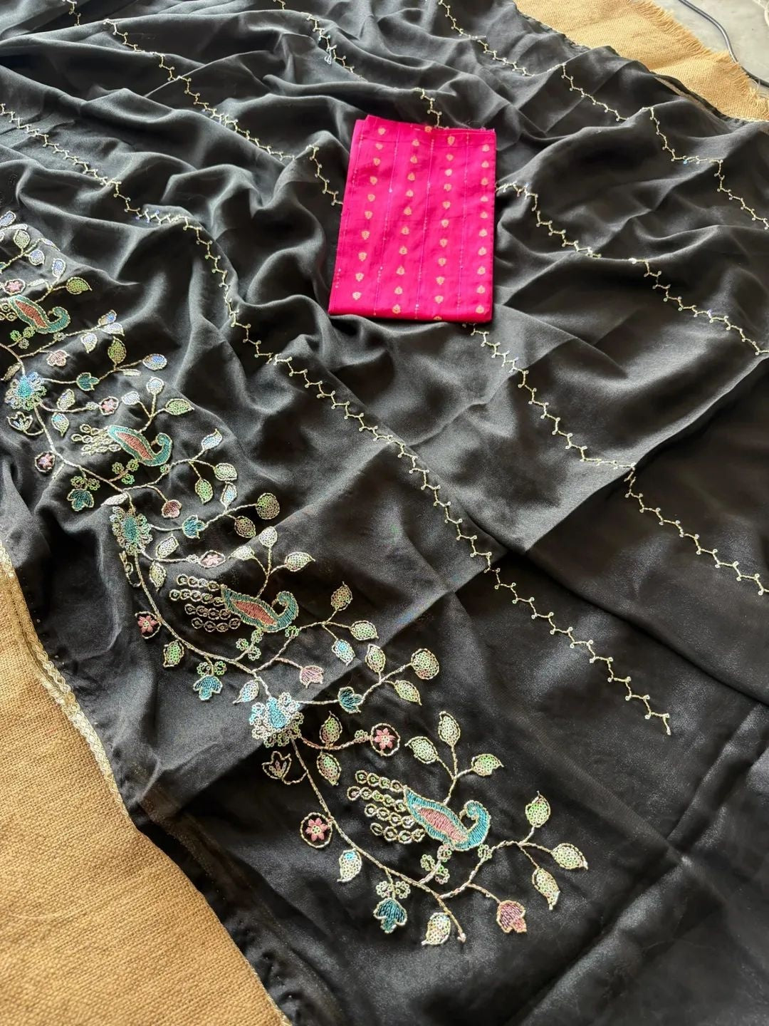 Peachmode Black Georgette Saree with Peacock Handwork - Image 6