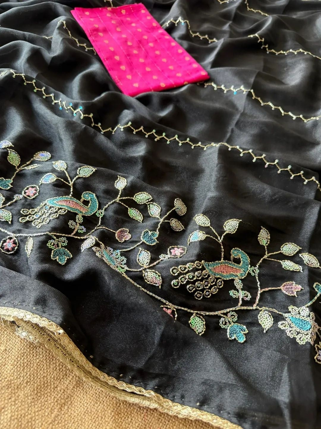 Peachmode Black Georgette Saree with Peacock Handwork - Image 7