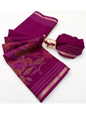 Peachmode Magenta Cotton Crape Saree with Katha Thread Work - Image 2