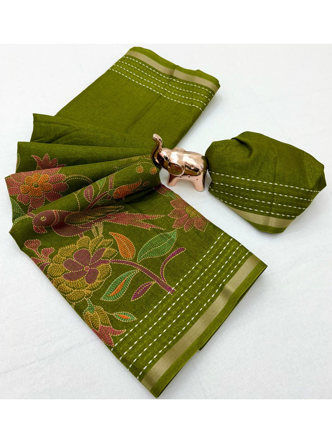 Peachmode Olive Cotton Crape Saree with Katha Thread Work - Image 2