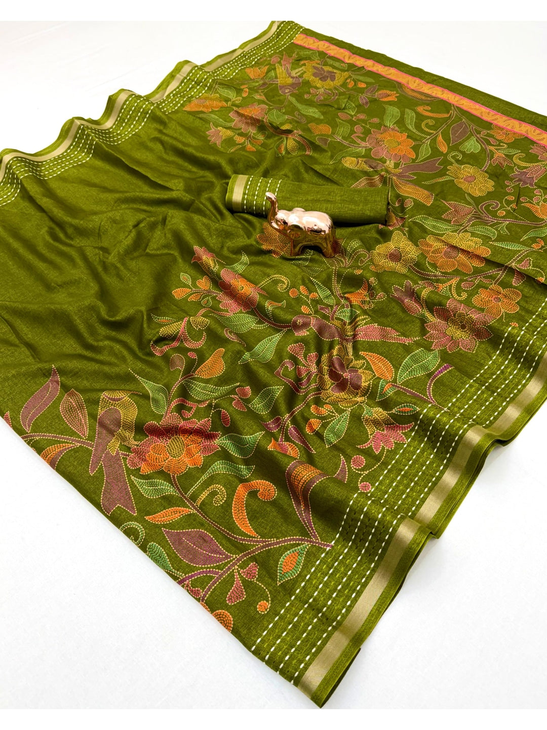 Peachmode Olive Cotton Crape Saree with Katha Thread Work - Image 3