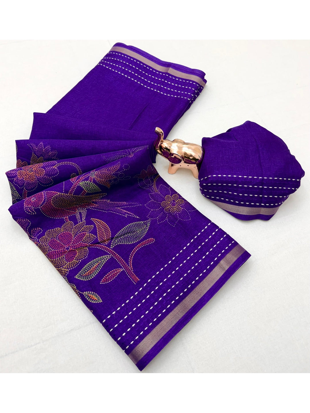 Peachmode Purple Cotton Crape Saree with Katha Thread Work - Image 2