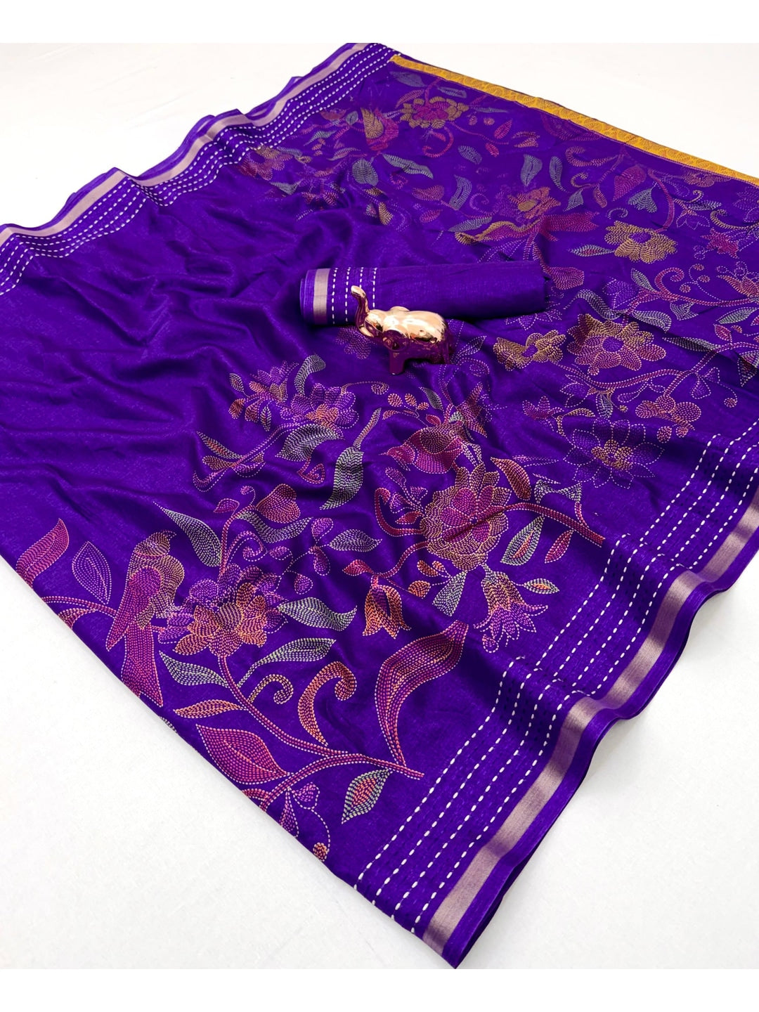 Peachmode Purple Cotton Crape Saree with Katha Thread Work - Image 3