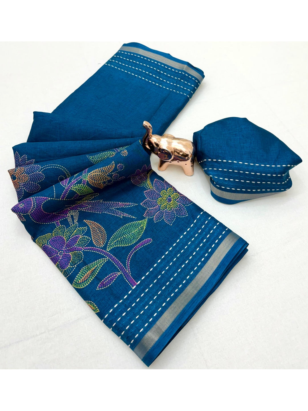 Peachmode Blue Cotton Crape Saree with Katha Thread Work - Image 3