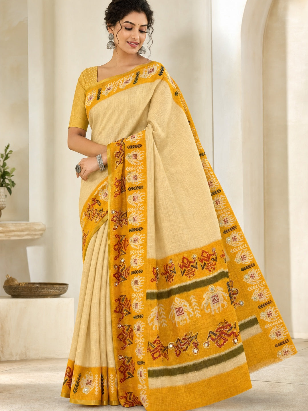 Peachmode Yellow Linen Saree with Digital Print and Zari Work - Image 1
